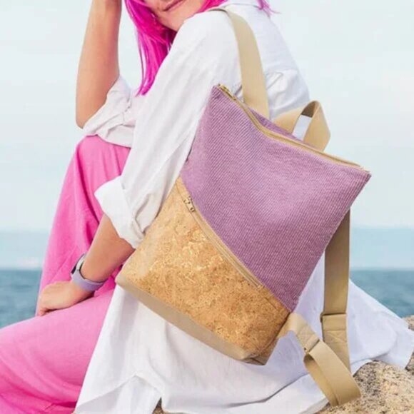 HANDMADE Noas Berlin Purple Lilac Corduroy/Natural Gold Beige Cork Backpack - Picture 3 of 8